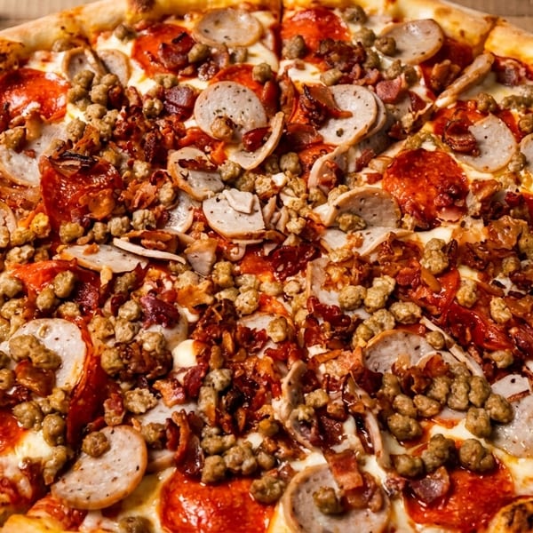 A close-up of a meat lover's pizza with pepperoni, sausage, and bacon in a cardboard box.