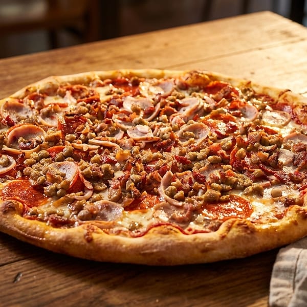 A freshly baked meat lover's pizza with pepperoni, sausage, and bacon on a rustic wooden table.