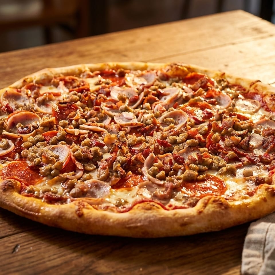 A freshly baked meat lover's pizza with pepperoni, sausage, and bacon on a rustic wooden table.