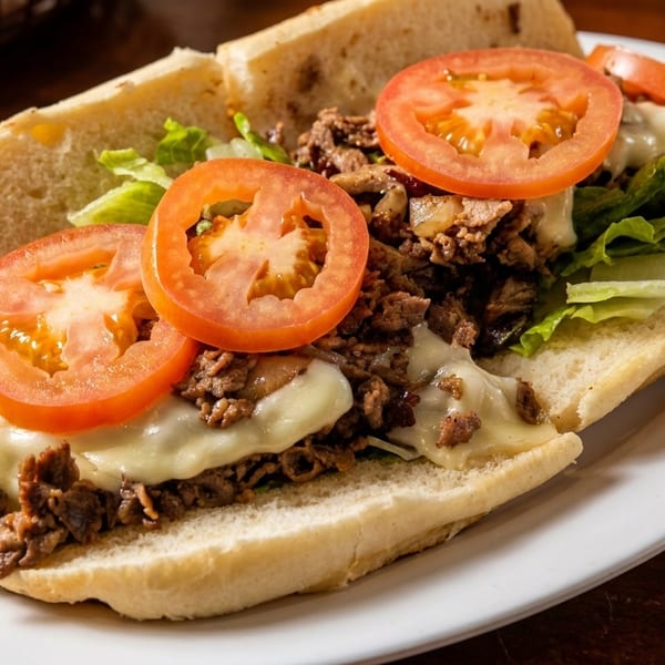 Cheesesteak sandwich with melted cheese, steak, lettuce, and sliced tomatoes on a white plate.