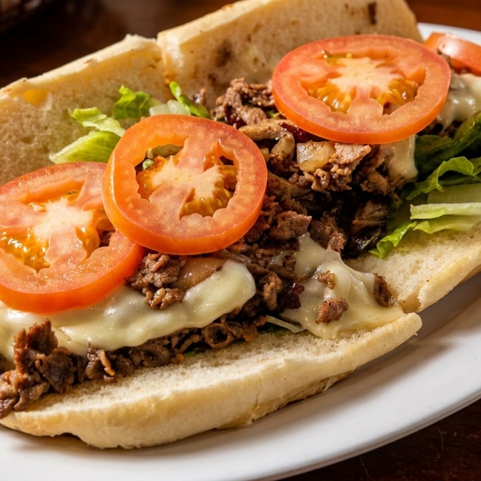 Cheesesteak sandwich with melted cheese, steak, lettuce, and sliced tomatoes on a white plate.